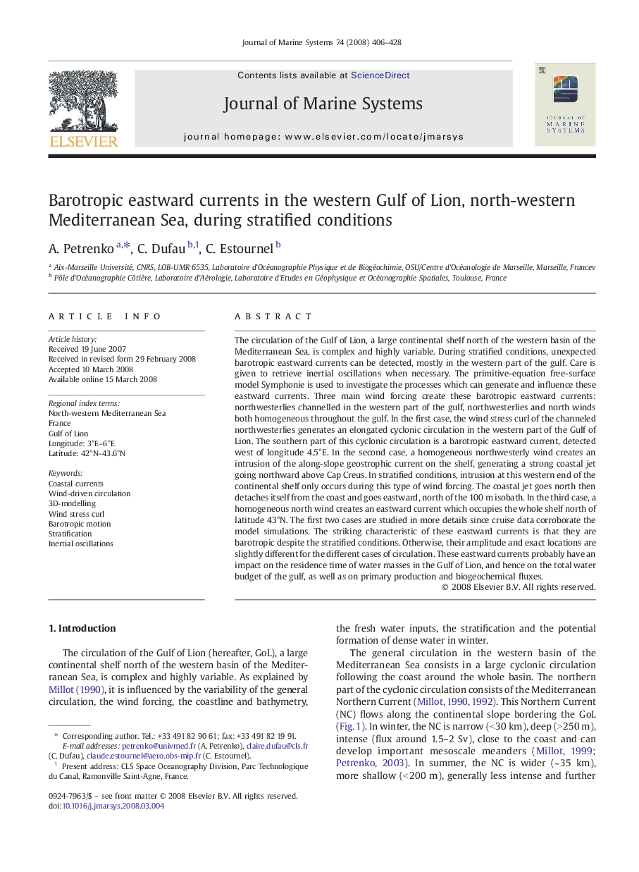 Barotropic eastward currents in the western Gulf of Lion, north-western Mediterranean Sea, during stratified conditions