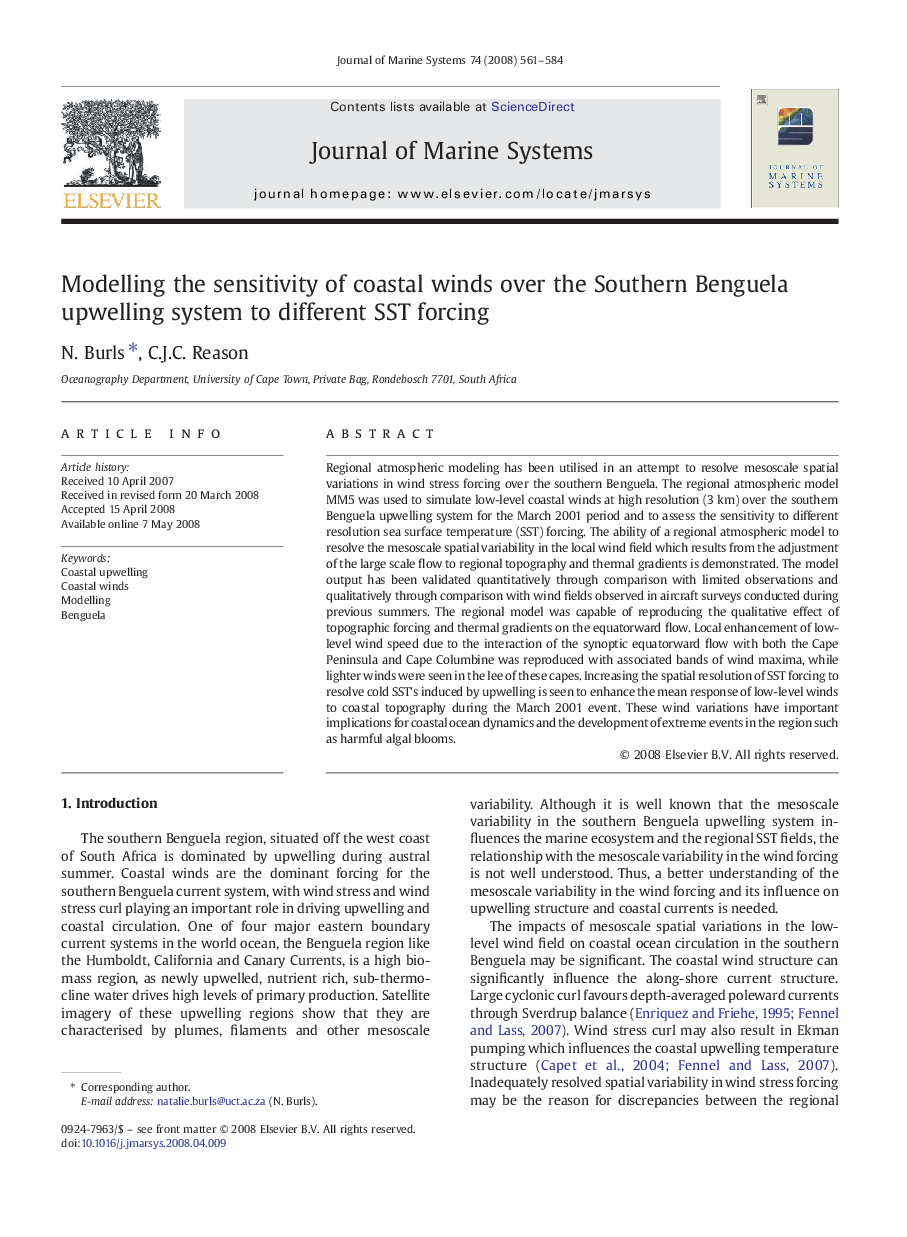 Modelling the sensitivity of coastal winds over the Southern Benguela upwelling system to different SST forcing