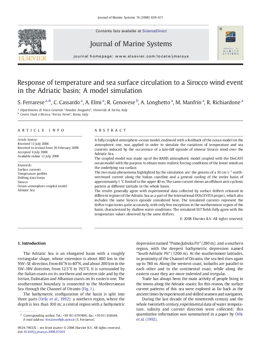 Response of temperature and sea surface circulation to a Sirocco wind event in the Adriatic basin: A model simulation