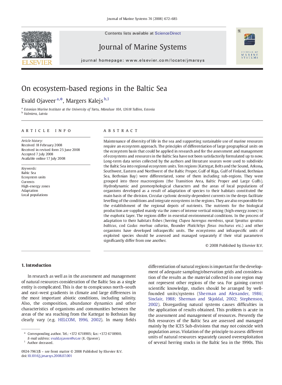 On ecosystem-based regions in the Baltic Sea