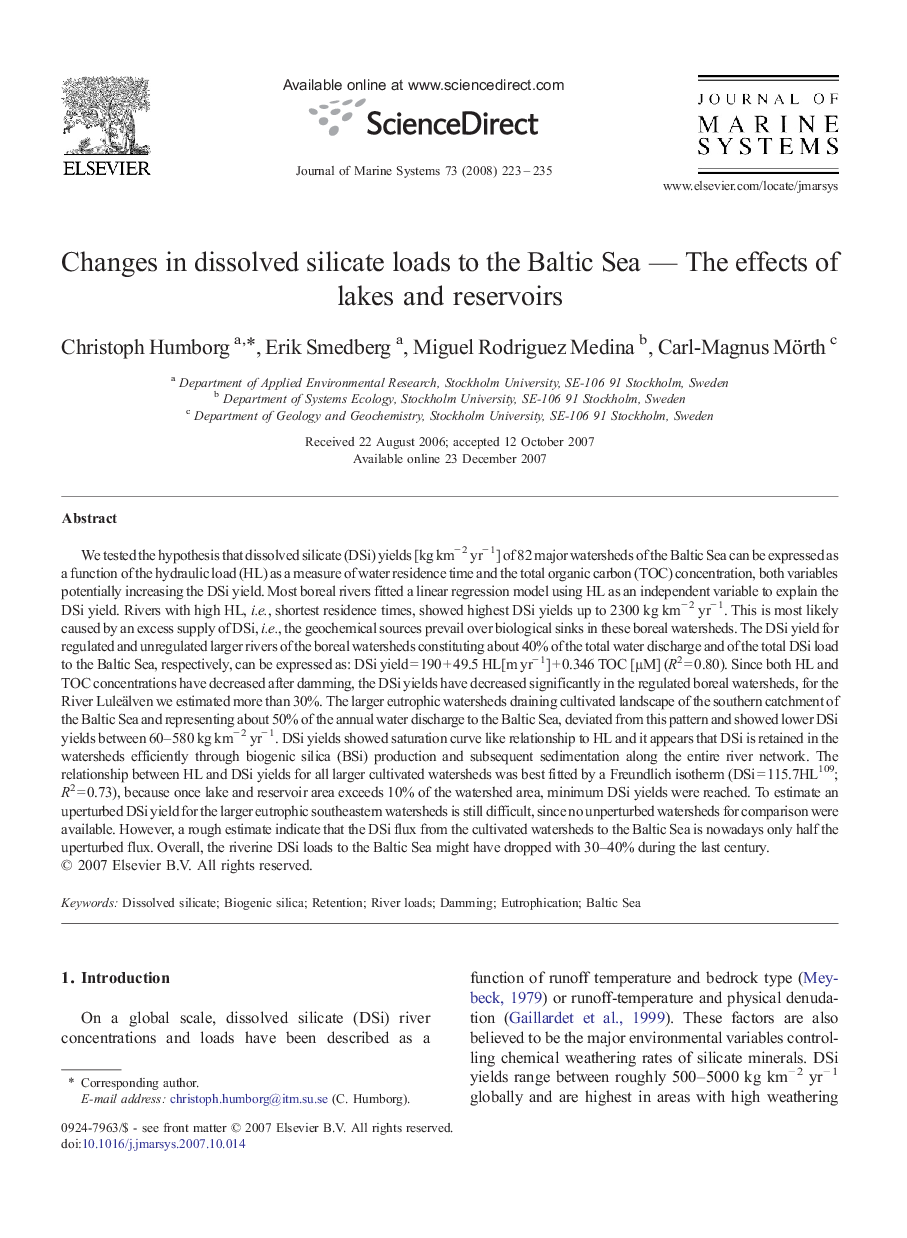 Changes in dissolved silicate loads to the Baltic Sea — The effects of lakes and reservoirs