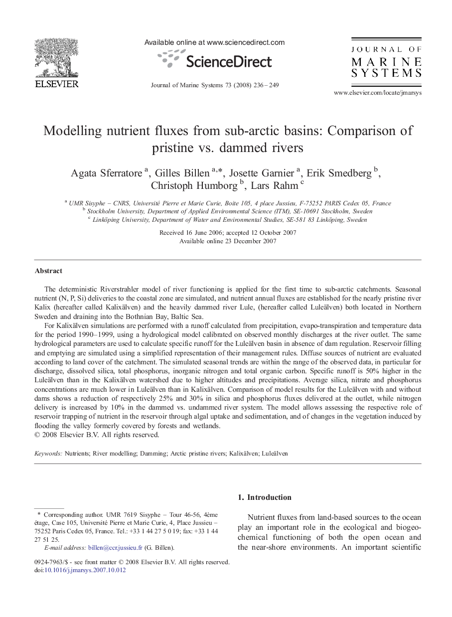 Modelling nutrient fluxes from sub-arctic basins: Comparison of pristine vs. dammed rivers