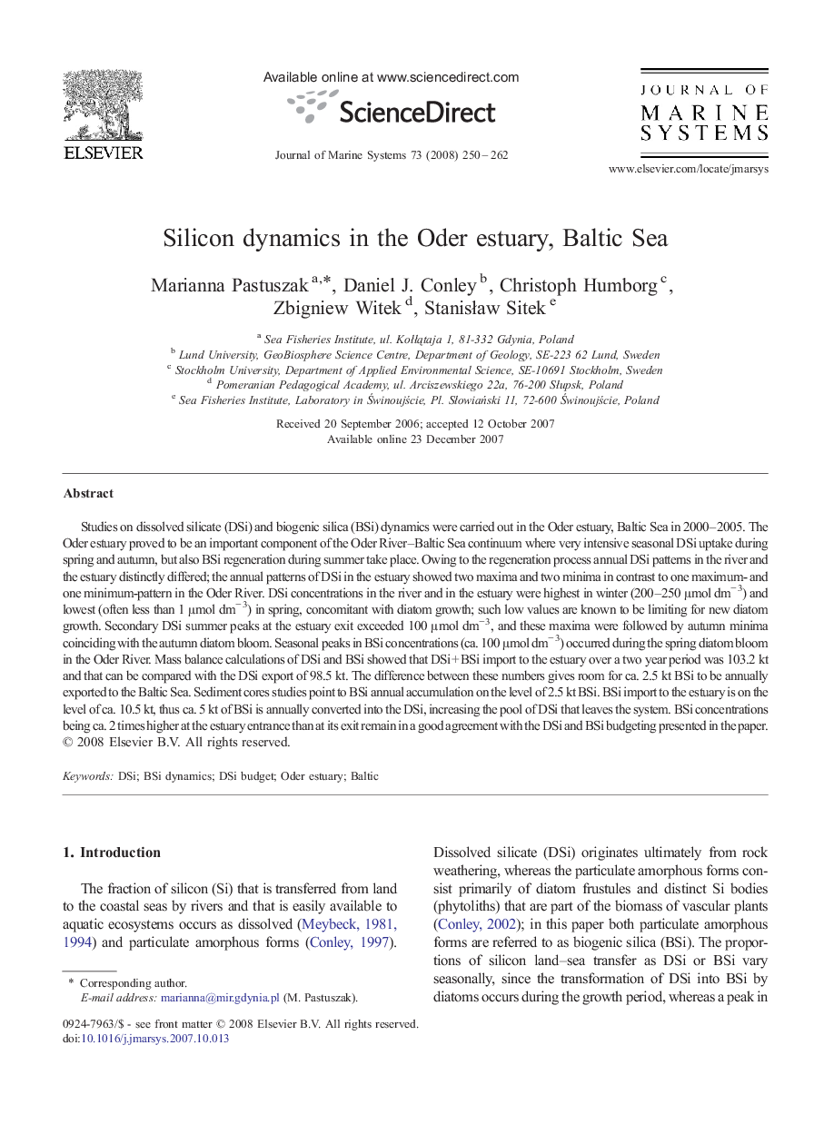 Silicon dynamics in the Oder estuary, Baltic Sea