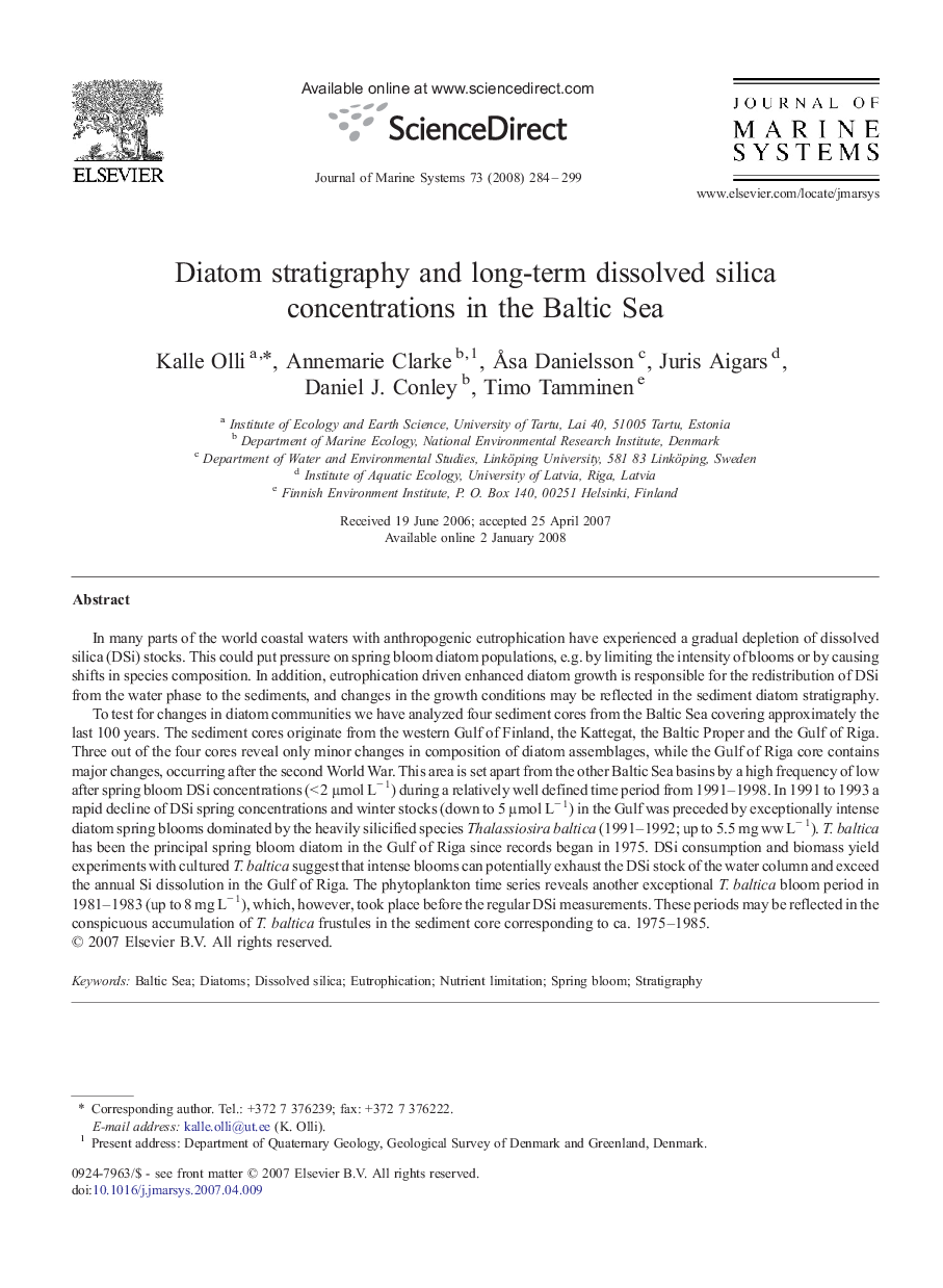 Diatom stratigraphy and long-term dissolved silica concentrations in the Baltic Sea