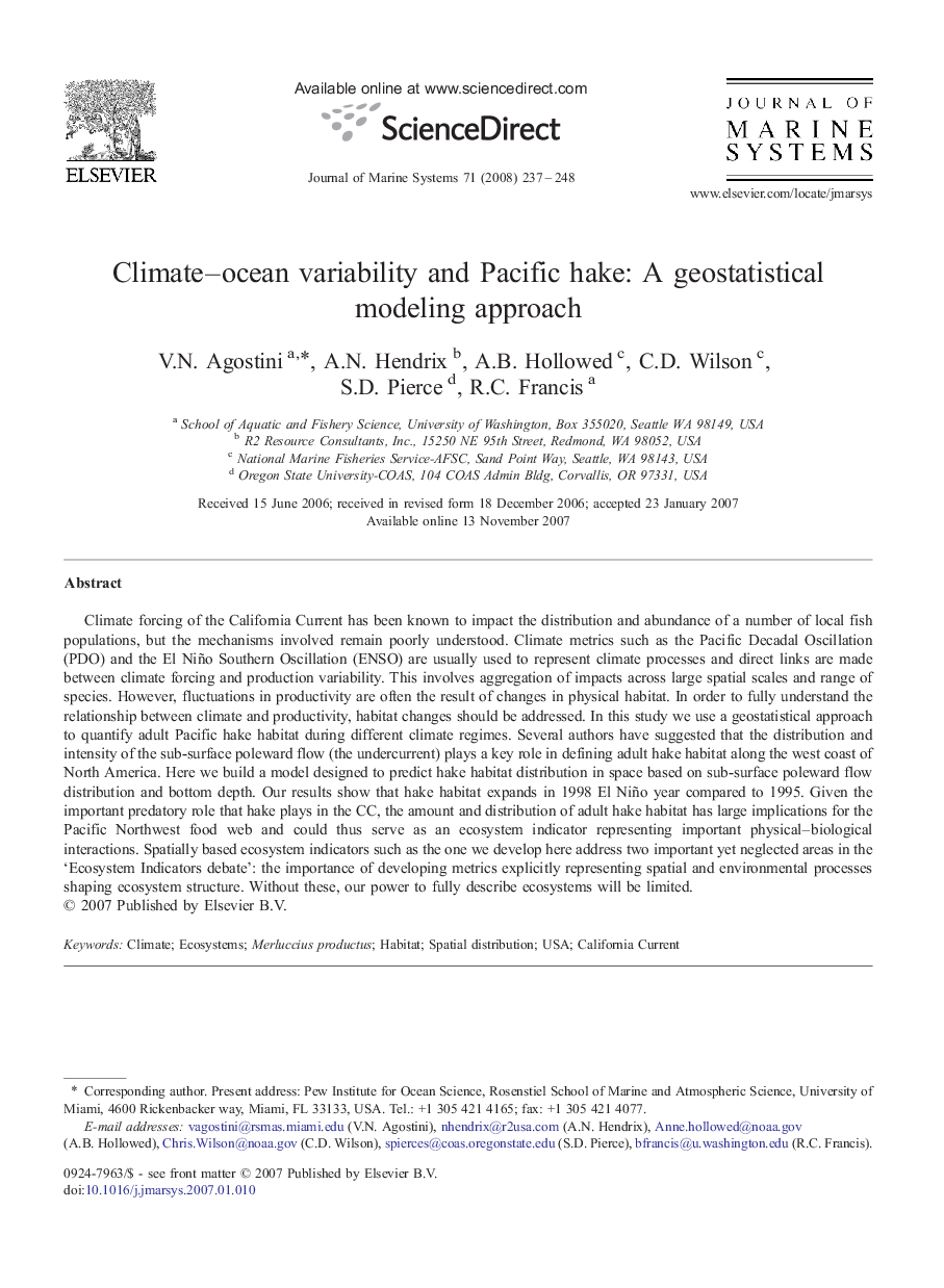 Climate–ocean variability and Pacific hake: A geostatistical modeling approach