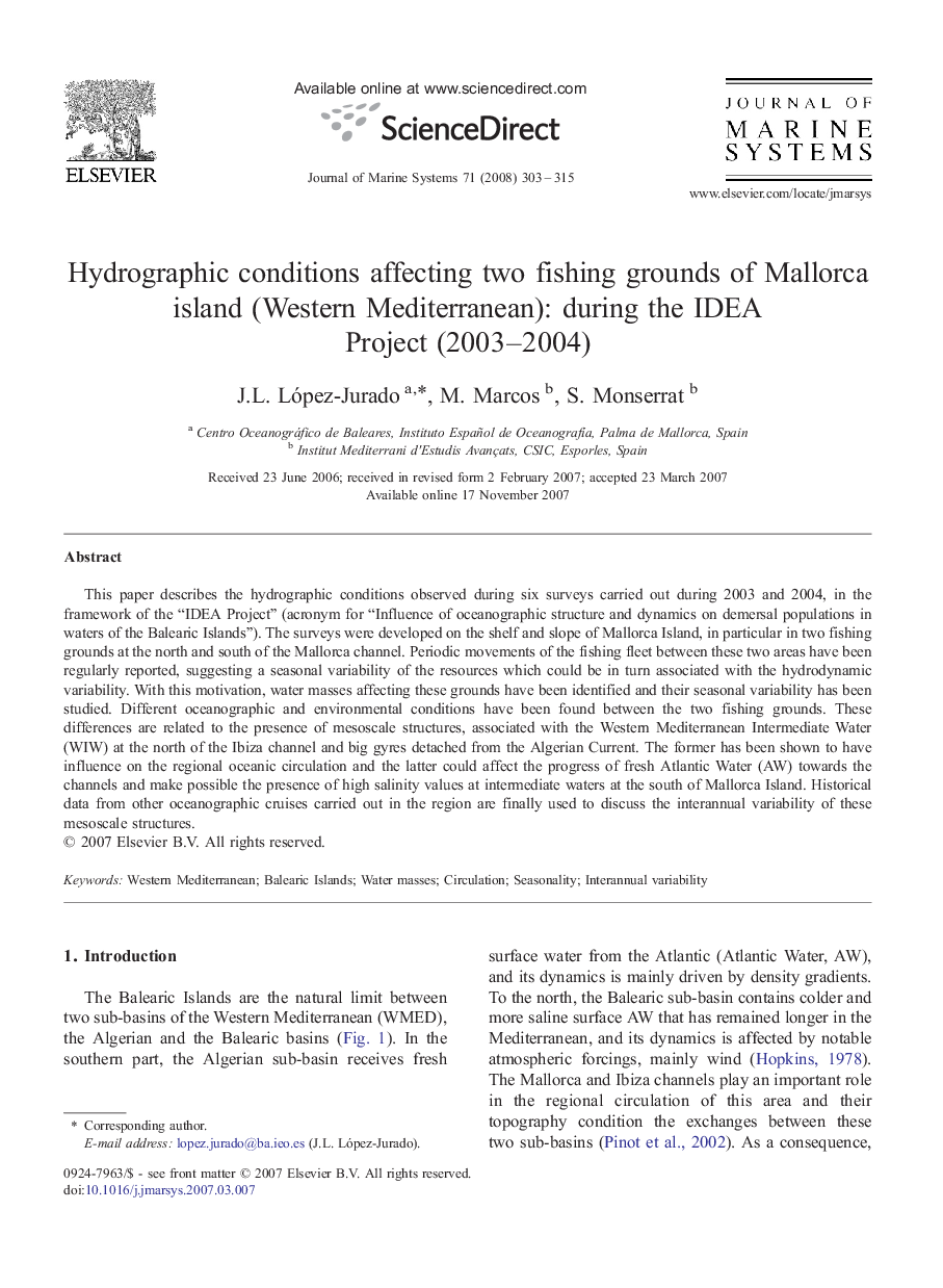 Hydrographic conditions affecting two fishing grounds of Mallorca island (Western Mediterranean): during the IDEA Project (2003–2004)