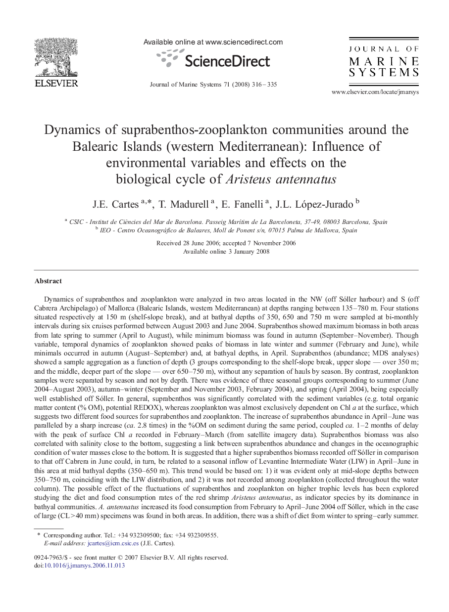 Dynamics of suprabenthos-zooplankton communities around the Balearic Islands (western Mediterranean): Influence of environmental variables and effects on the biological cycle of Aristeus antennatus