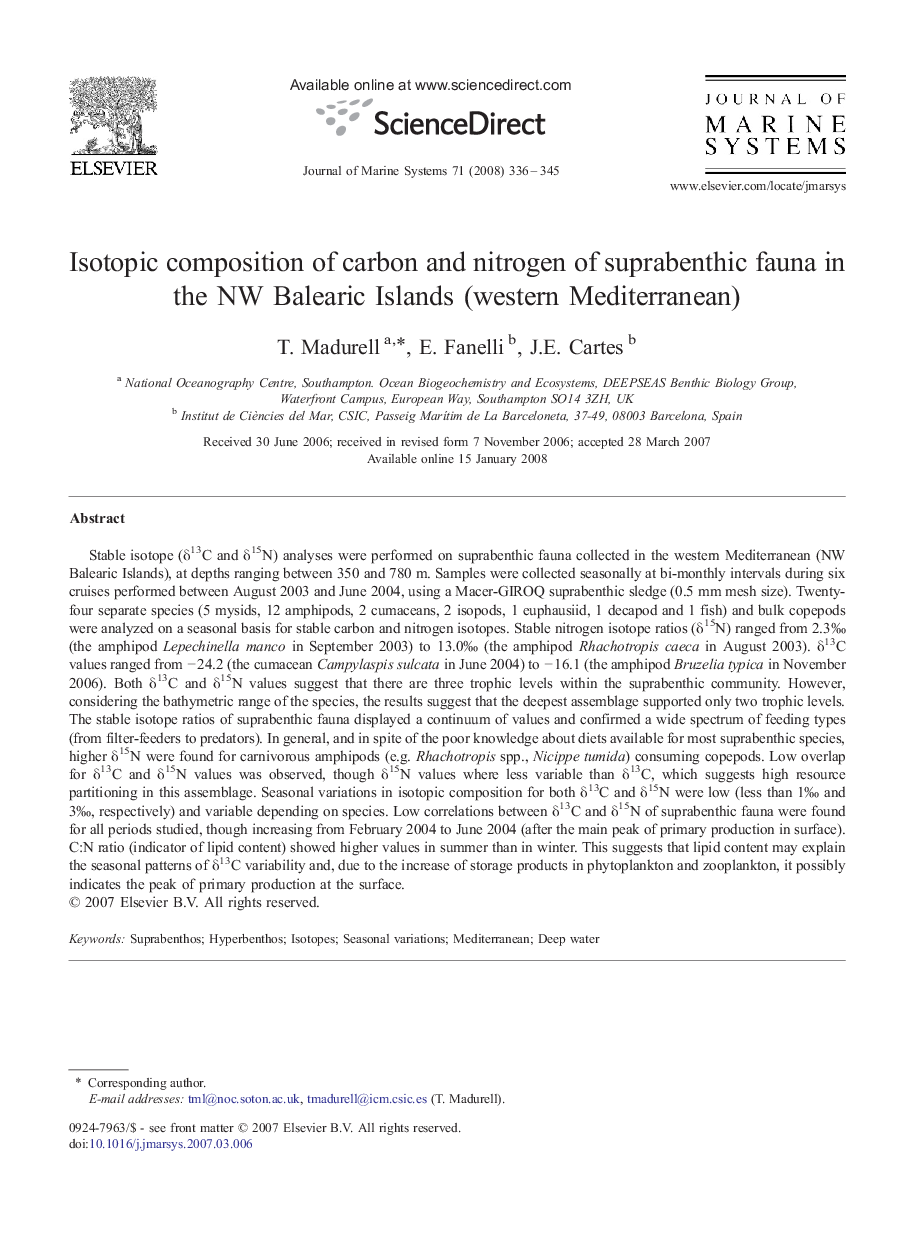 Isotopic composition of carbon and nitrogen of suprabenthic fauna in the NW Balearic Islands (western Mediterranean)