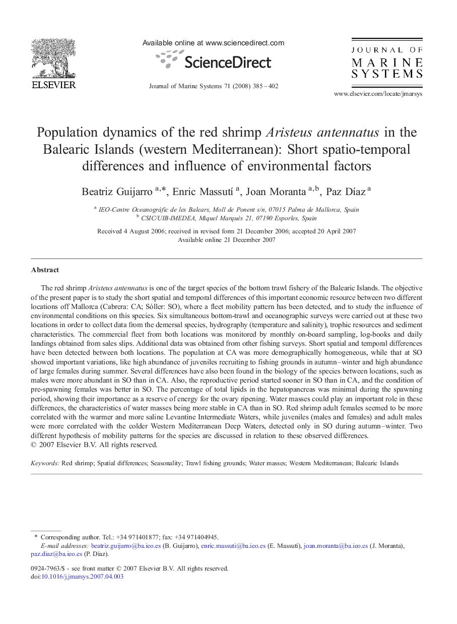 Population dynamics of the red shrimp Aristeus antennatus in the Balearic Islands (western Mediterranean): Short spatio-temporal differences and influence of environmental factors