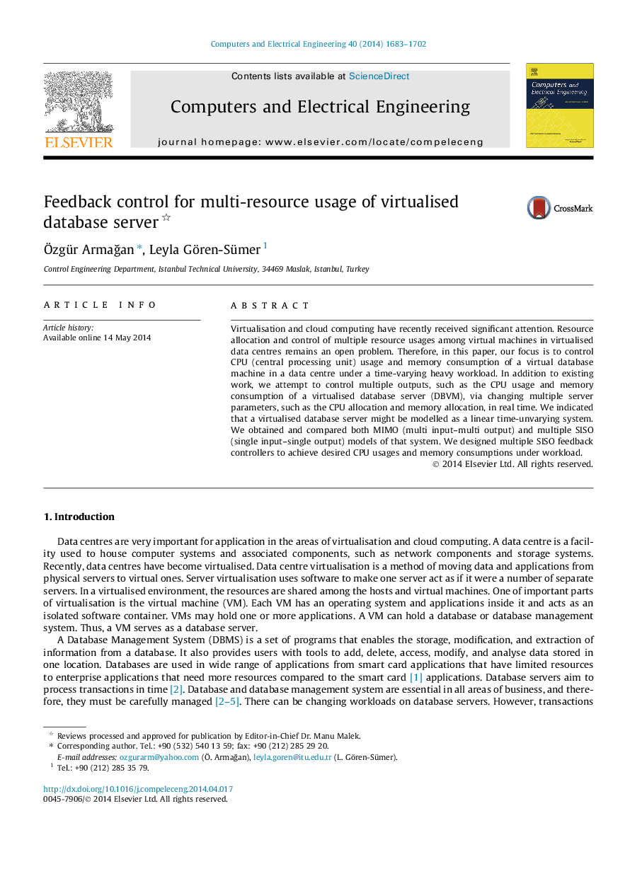 Feedback control for multi-resource usage of virtualised database server 