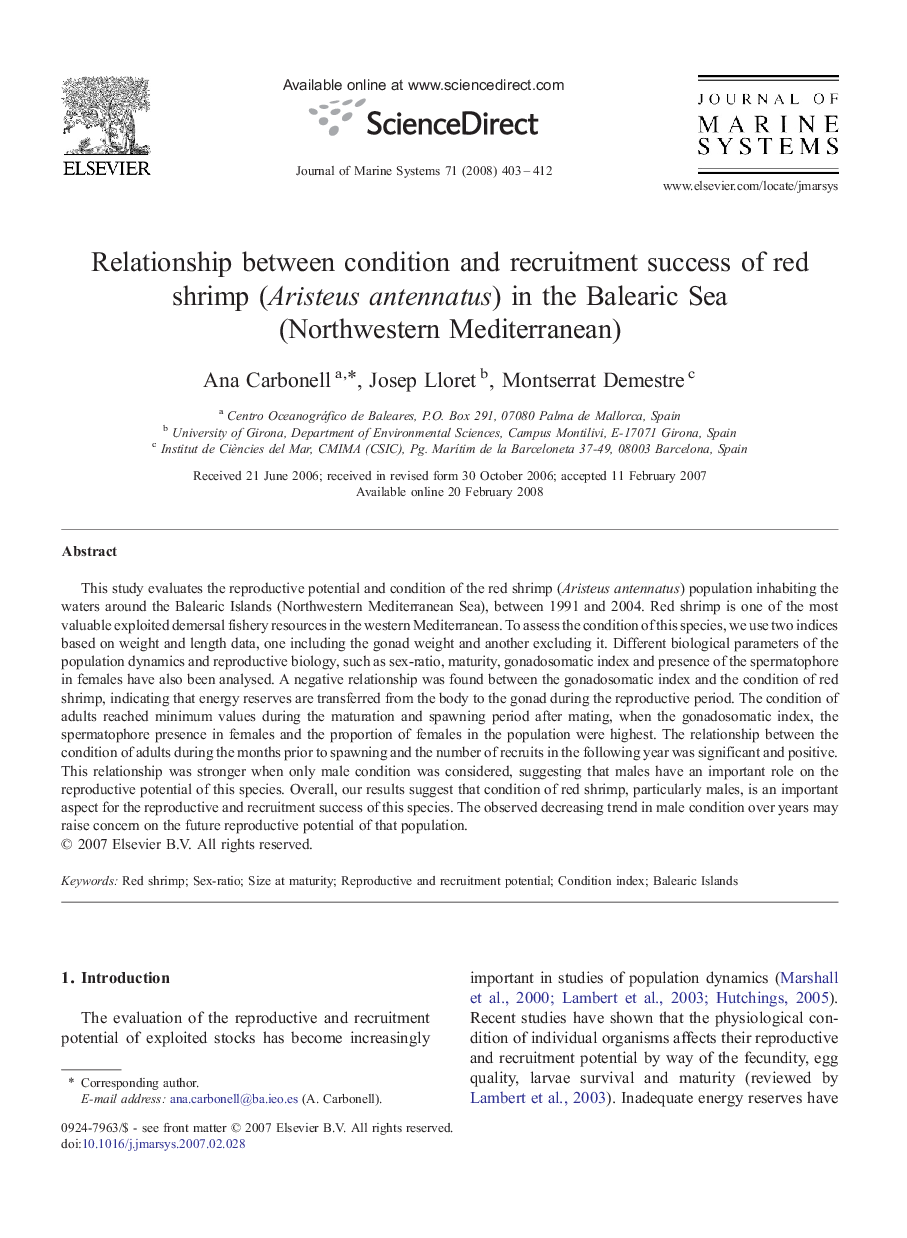 Relationship between condition and recruitment success of red shrimp (Aristeus antennatus) in the Balearic Sea (Northwestern Mediterranean)