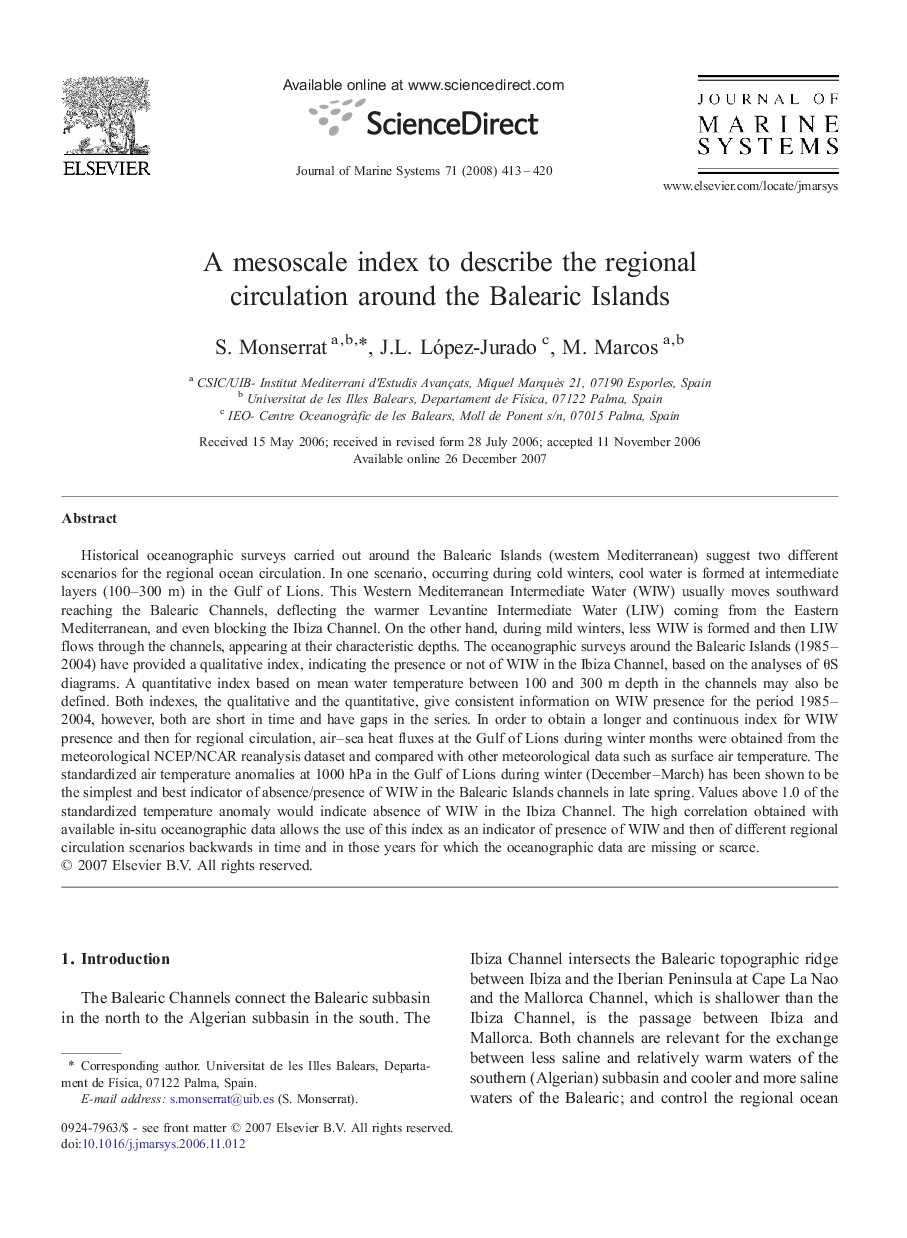 A mesoscale index to describe the regional circulation around the Balearic Islands