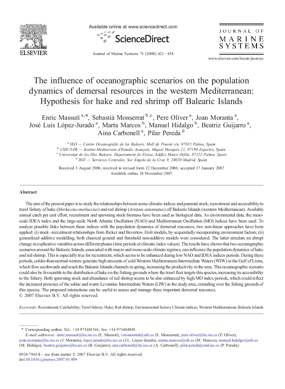 The influence of oceanographic scenarios on the population dynamics of demersal resources in the western Mediterranean: Hypothesis for hake and red shrimp off Balearic Islands