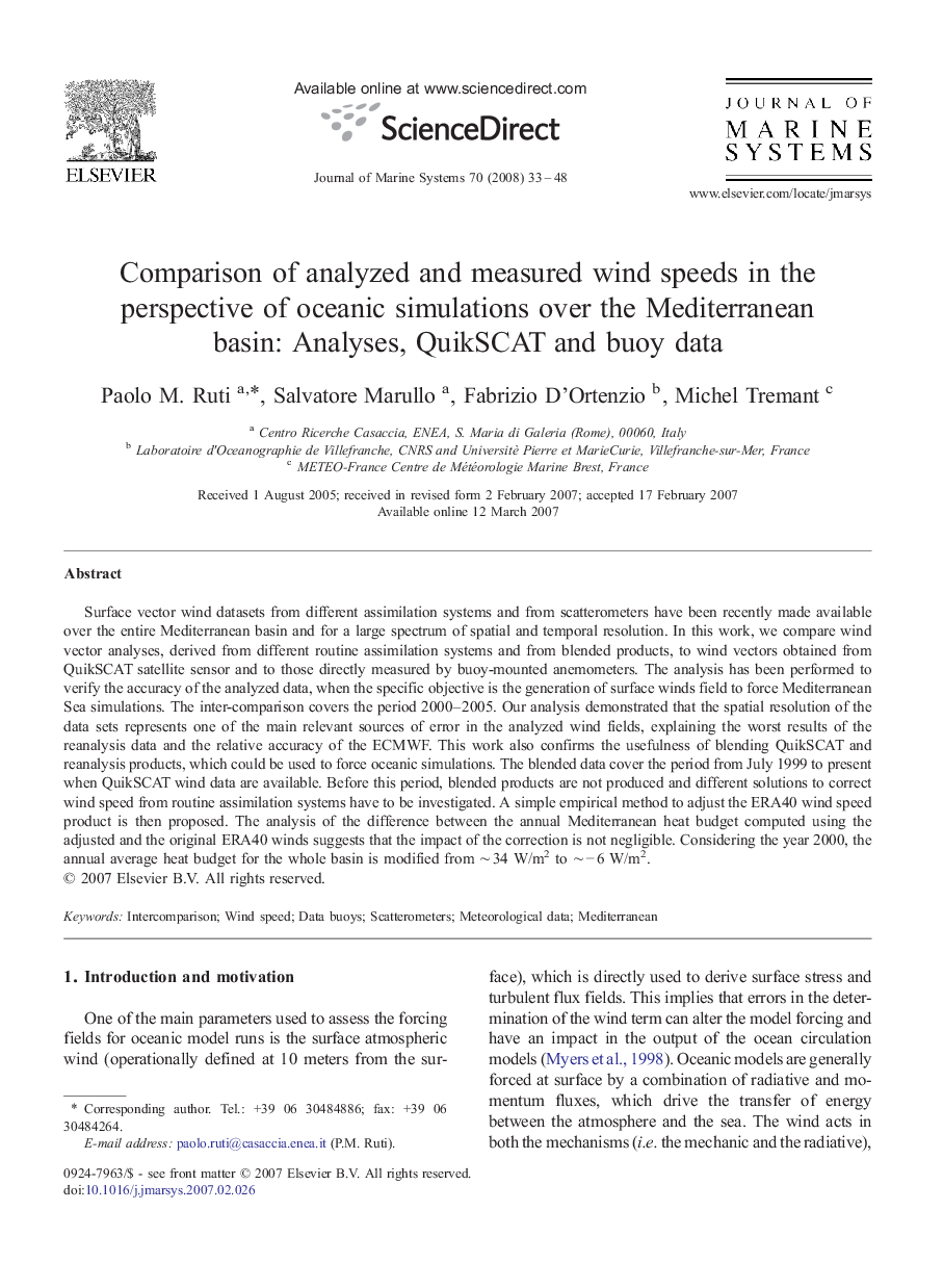 Comparison of analyzed and measured wind speeds in the perspective of oceanic simulations over the Mediterranean basin: Analyses, QuikSCAT and buoy data