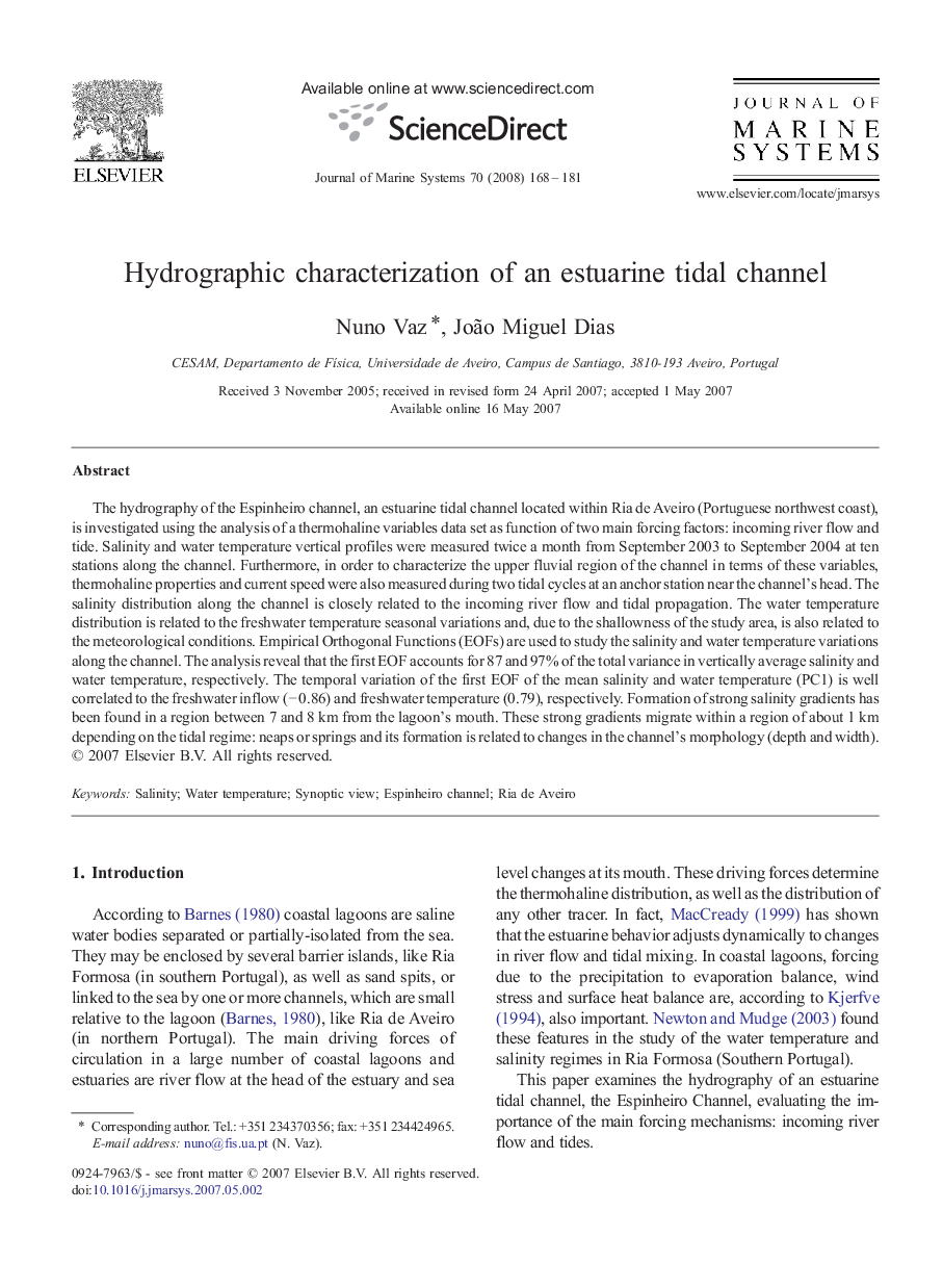 Hydrographic characterization of an estuarine tidal channel