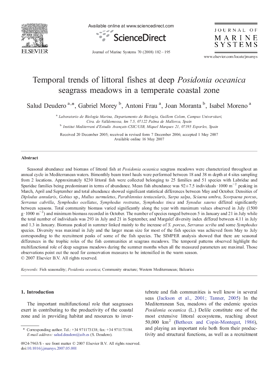 Temporal trends of littoral fishes at deep Posidonia oceanica seagrass meadows in a temperate coastal zone