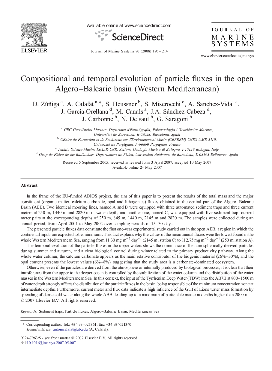 Compositional and temporal evolution of particle fluxes in the open Algero–Balearic basin (Western Mediterranean)