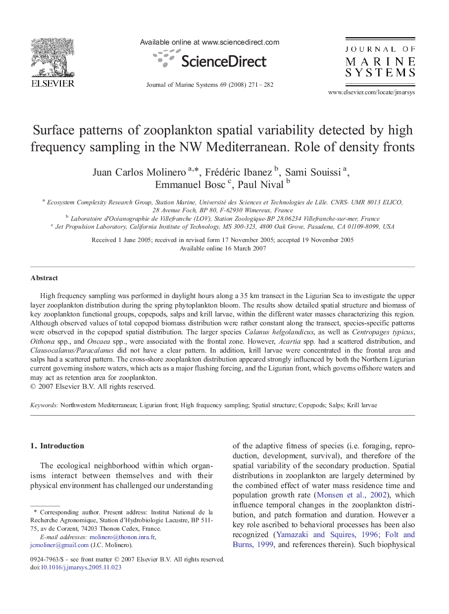 Surface patterns of zooplankton spatial variability detected by high frequency sampling in the NW Mediterranean. Role of density fronts