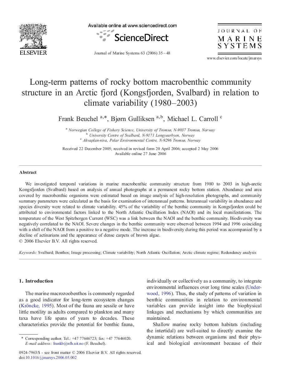 Long-term patterns of rocky bottom macrobenthic community structure in an Arctic fjord (Kongsfjorden, Svalbard) in relation to climate variability (1980–2003)