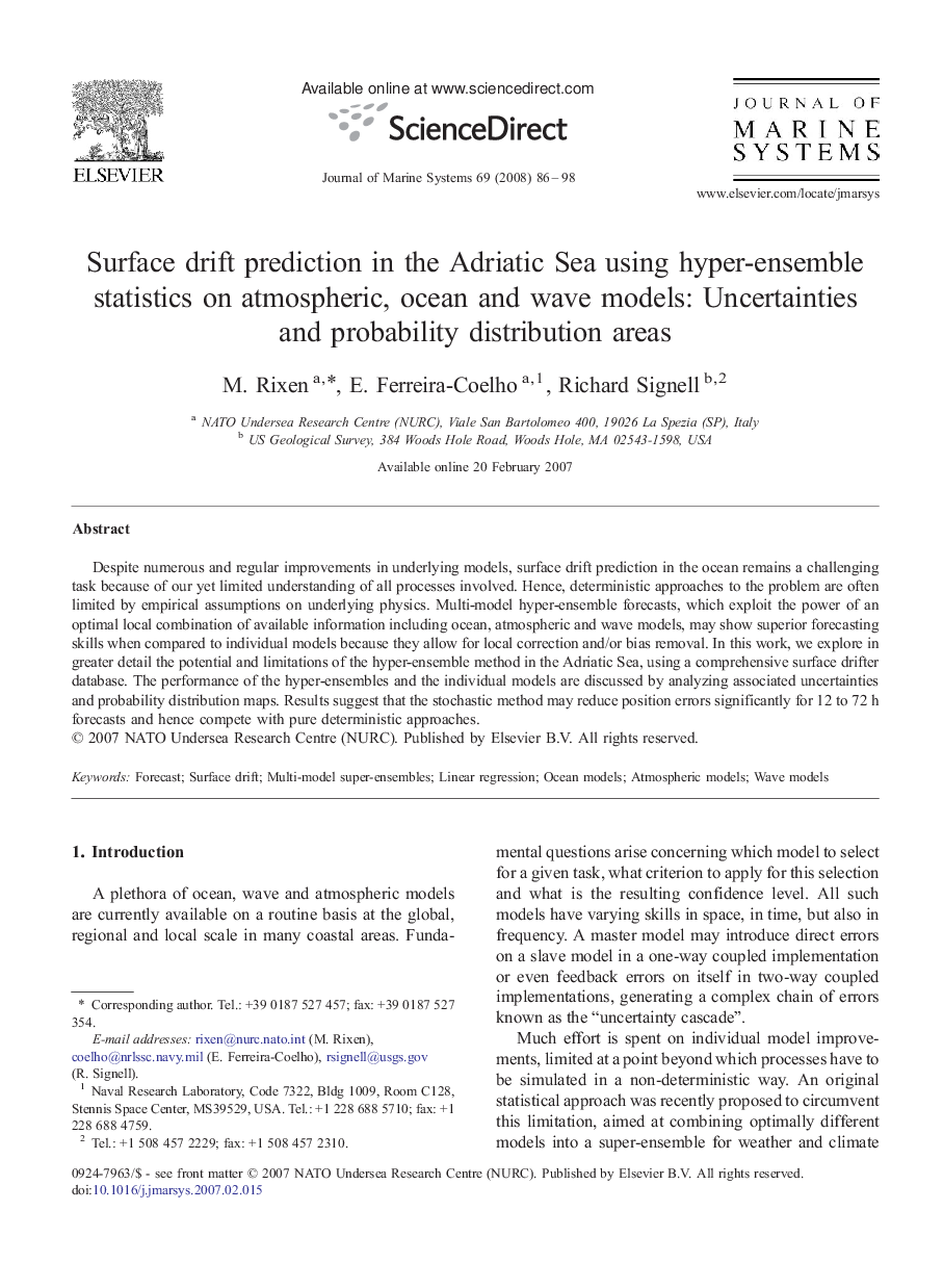 Surface drift prediction in the Adriatic Sea using hyper-ensemble statistics on atmospheric, ocean and wave models: Uncertainties and probability distribution areas