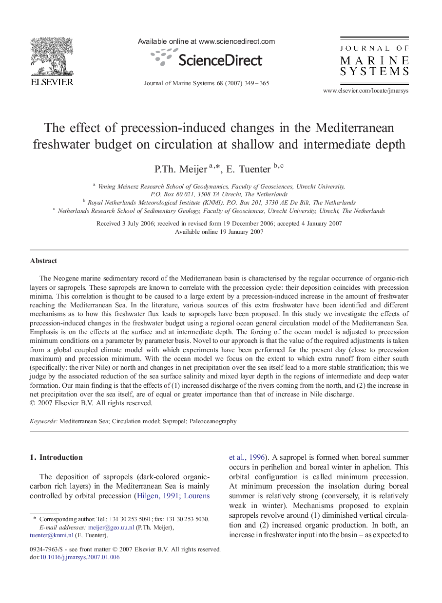 The effect of precession-induced changes in the Mediterranean freshwater budget on circulation at shallow and intermediate depth