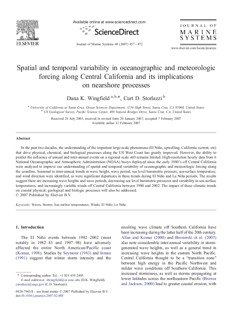 Spatial and temporal variability in oceanographic and meteorologic forcing along Central California and its implications on nearshore processes