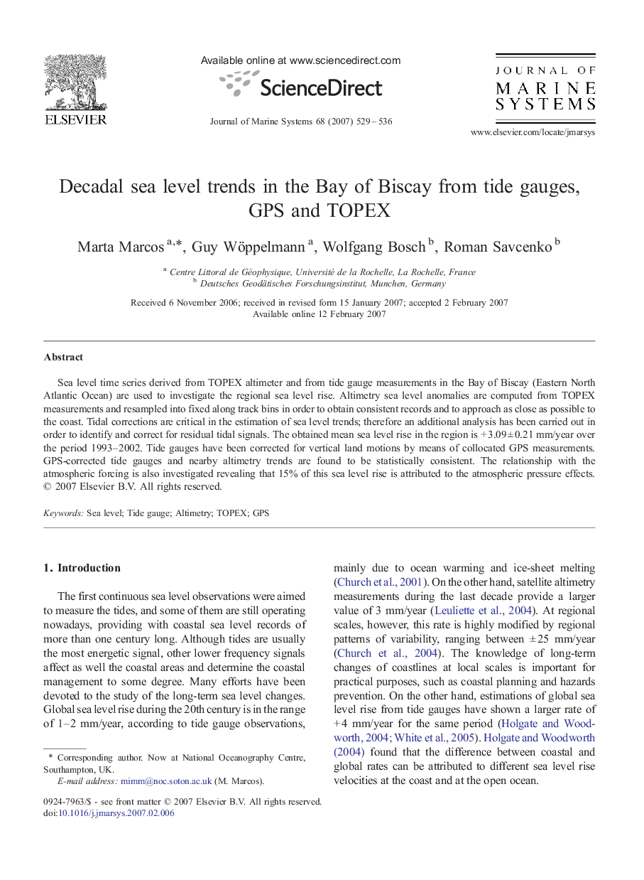 Decadal sea level trends in the Bay of Biscay from tide gauges, GPS and TOPEX