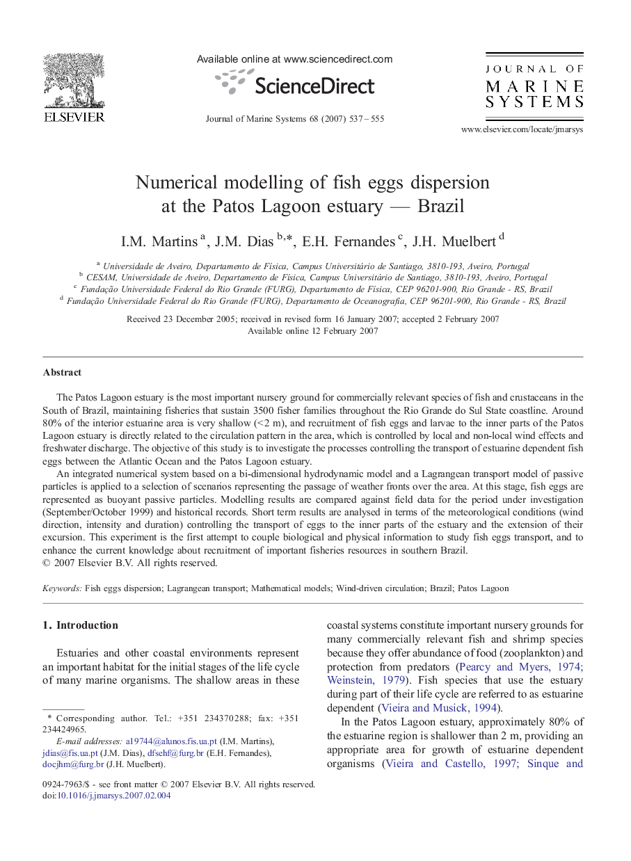 Numerical modelling of fish eggs dispersion at the Patos Lagoon estuary — Brazil