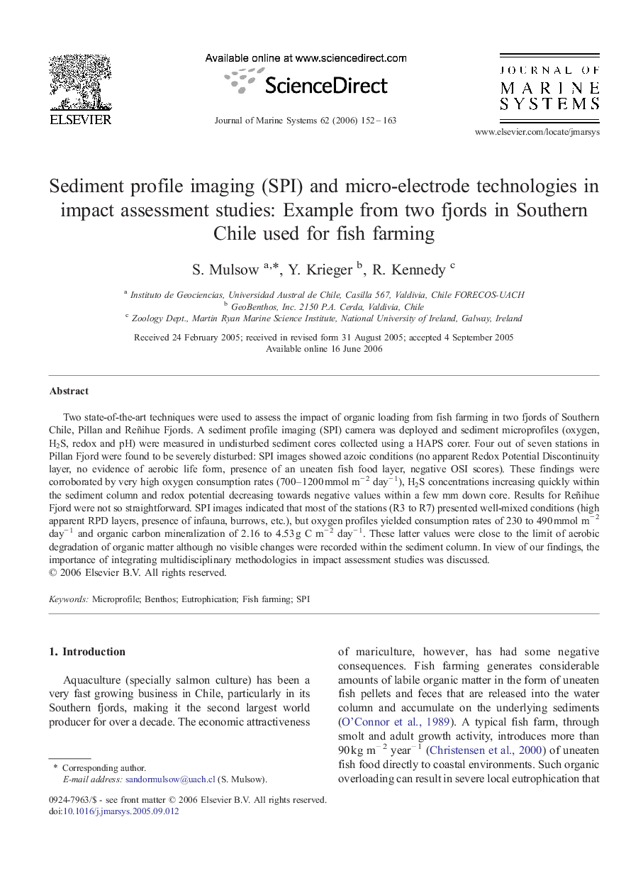 Sediment profile imaging (SPI) and micro-electrode technologies in impact assessment studies: Example from two fjords in Southern Chile used for fish farming