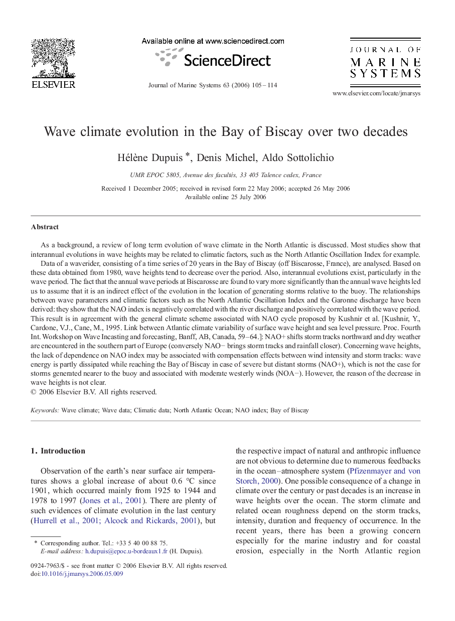 Wave climate evolution in the Bay of Biscay over two decades