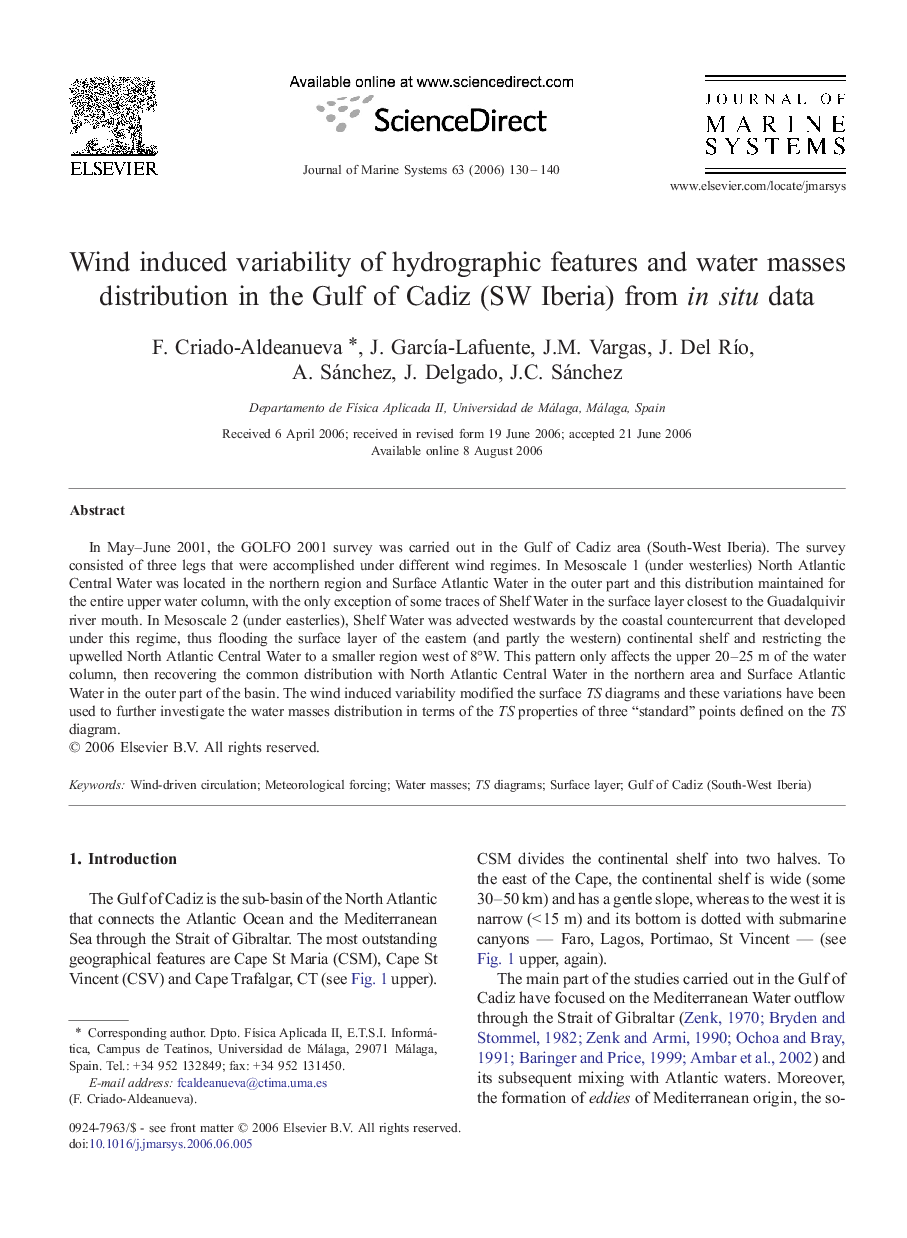 Wind induced variability of hydrographic features and water masses distribution in the Gulf of Cadiz (SW Iberia) from in situ data