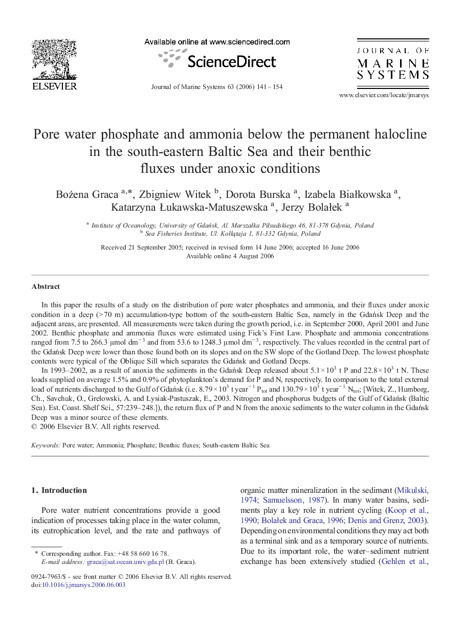 Pore water phosphate and ammonia below the permanent halocline in the south-eastern Baltic Sea and their benthic fluxes under anoxic conditions