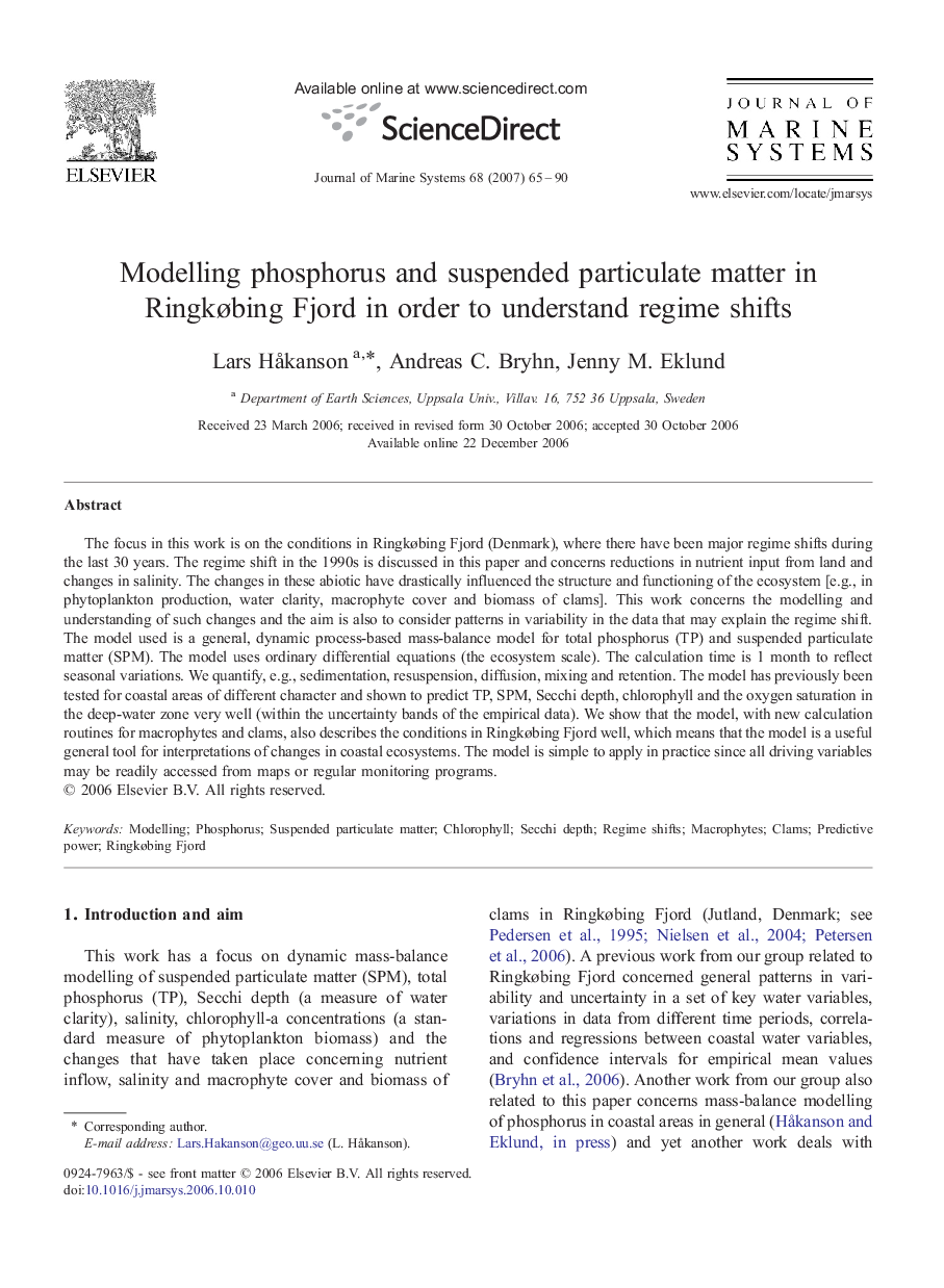 Modelling phosphorus and suspended particulate matter in Ringkøbing Fjord in order to understand regime shifts