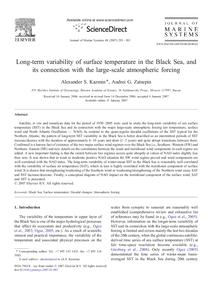 Long-term variability of surface temperature in the Black Sea, and its connection with the large-scale atmospheric forcing