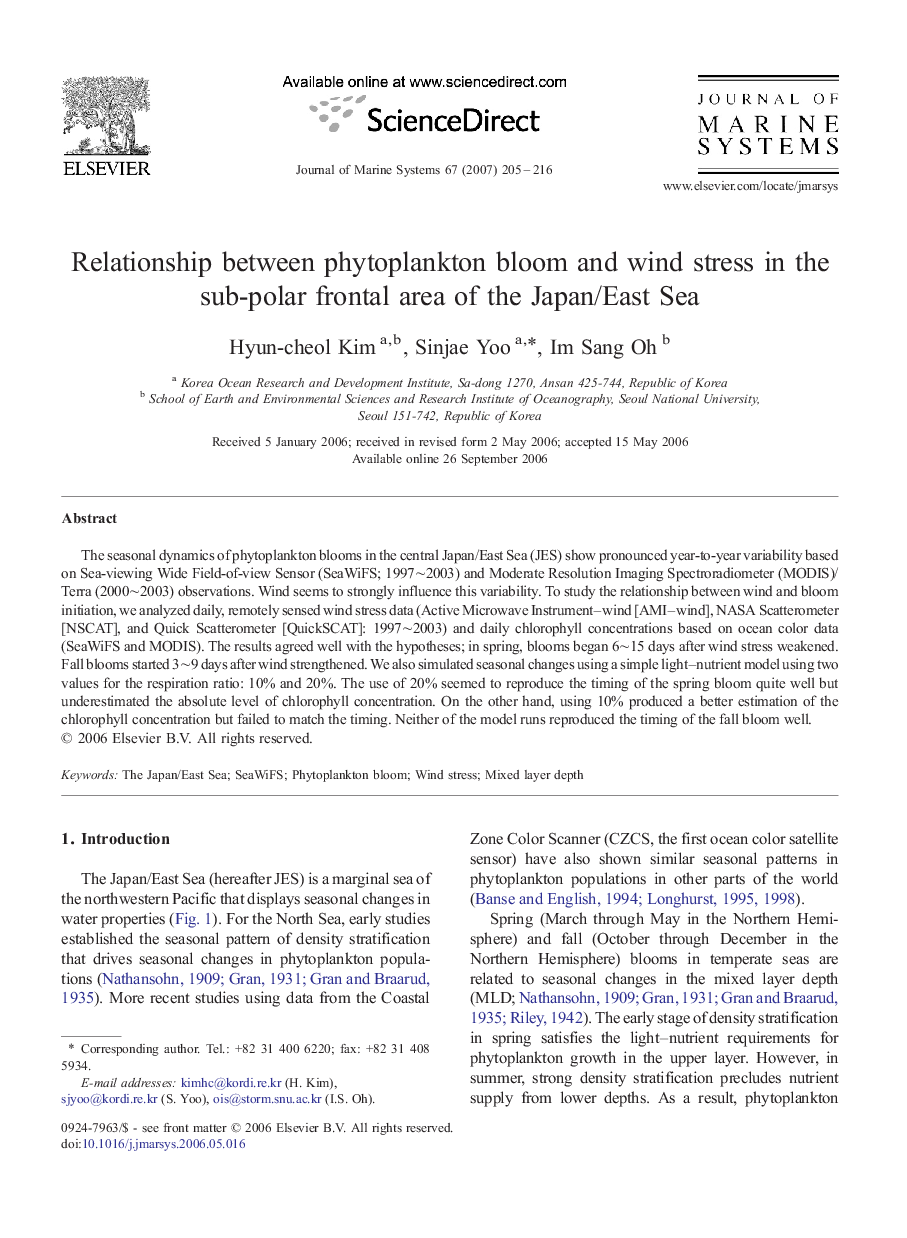 Relationship between phytoplankton bloom and wind stress in the sub-polar frontal area of the Japan/East Sea