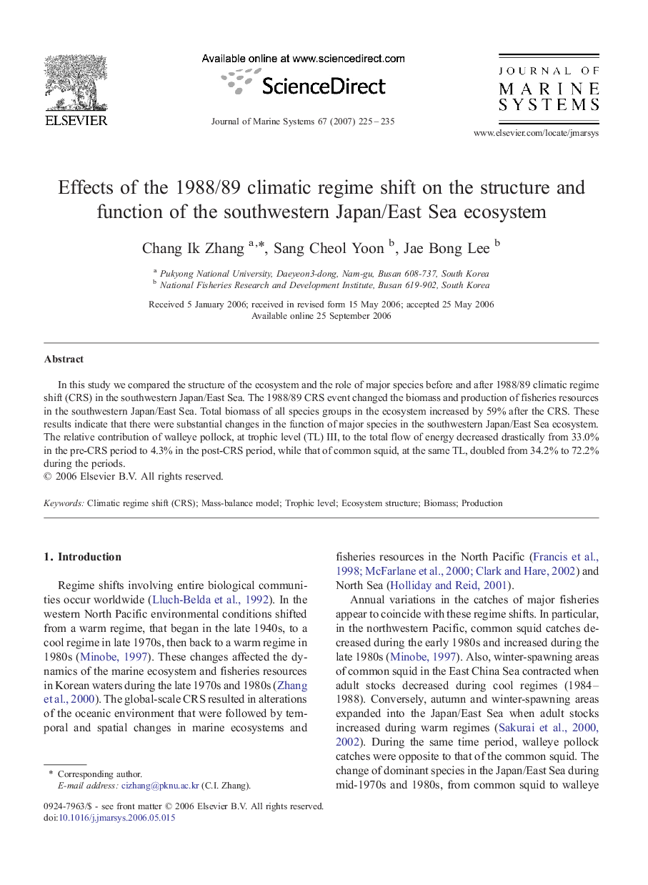 Effects of the 1988/89 climatic regime shift on the structure and function of the southwestern Japan/East Sea ecosystem