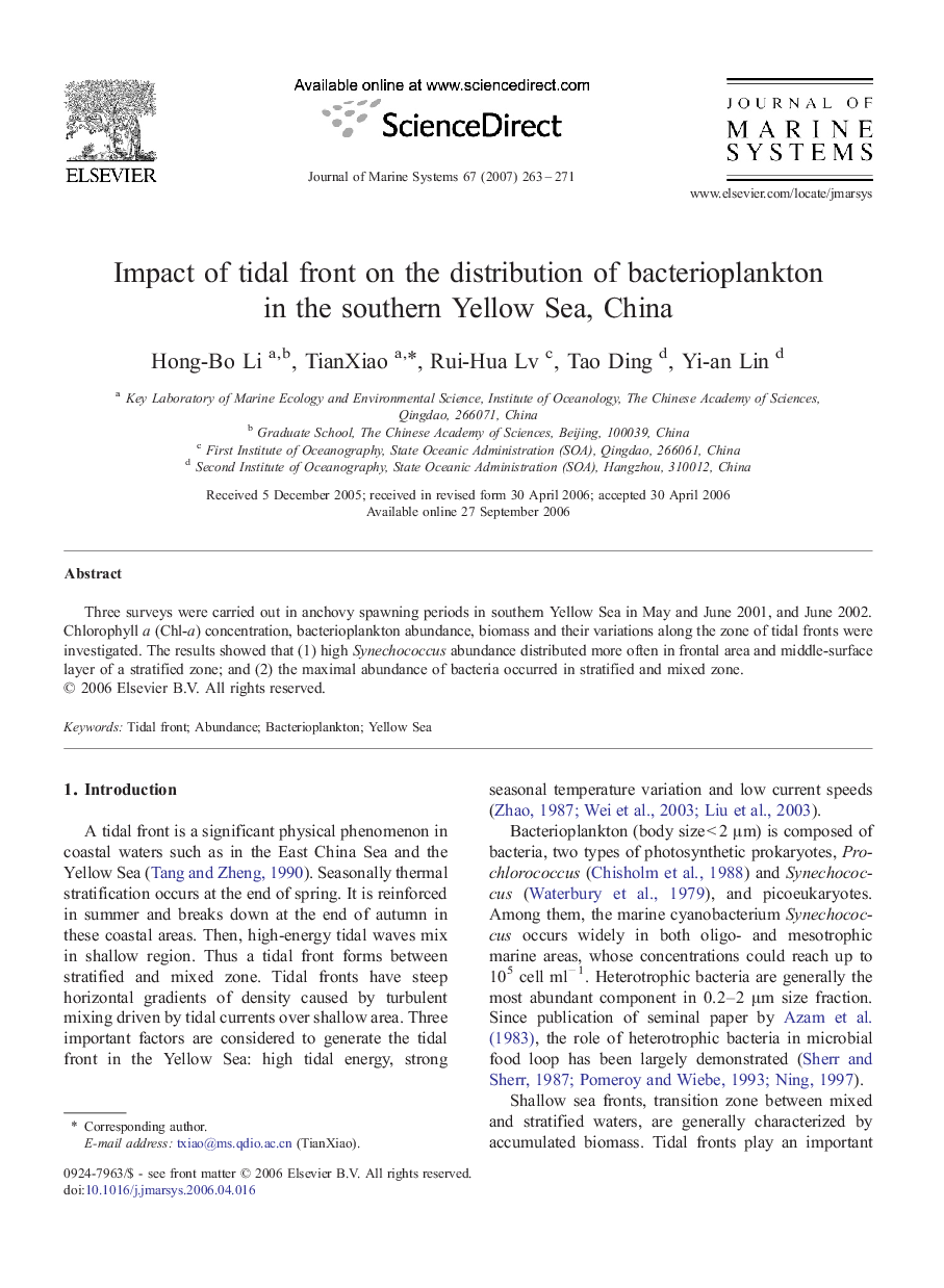 Impact of tidal front on the distribution of bacterioplankton in the southern Yellow Sea, China