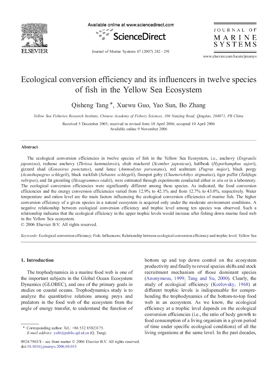 Ecological conversion efficiency and its influencers in twelve species of fish in the Yellow Sea Ecosystem