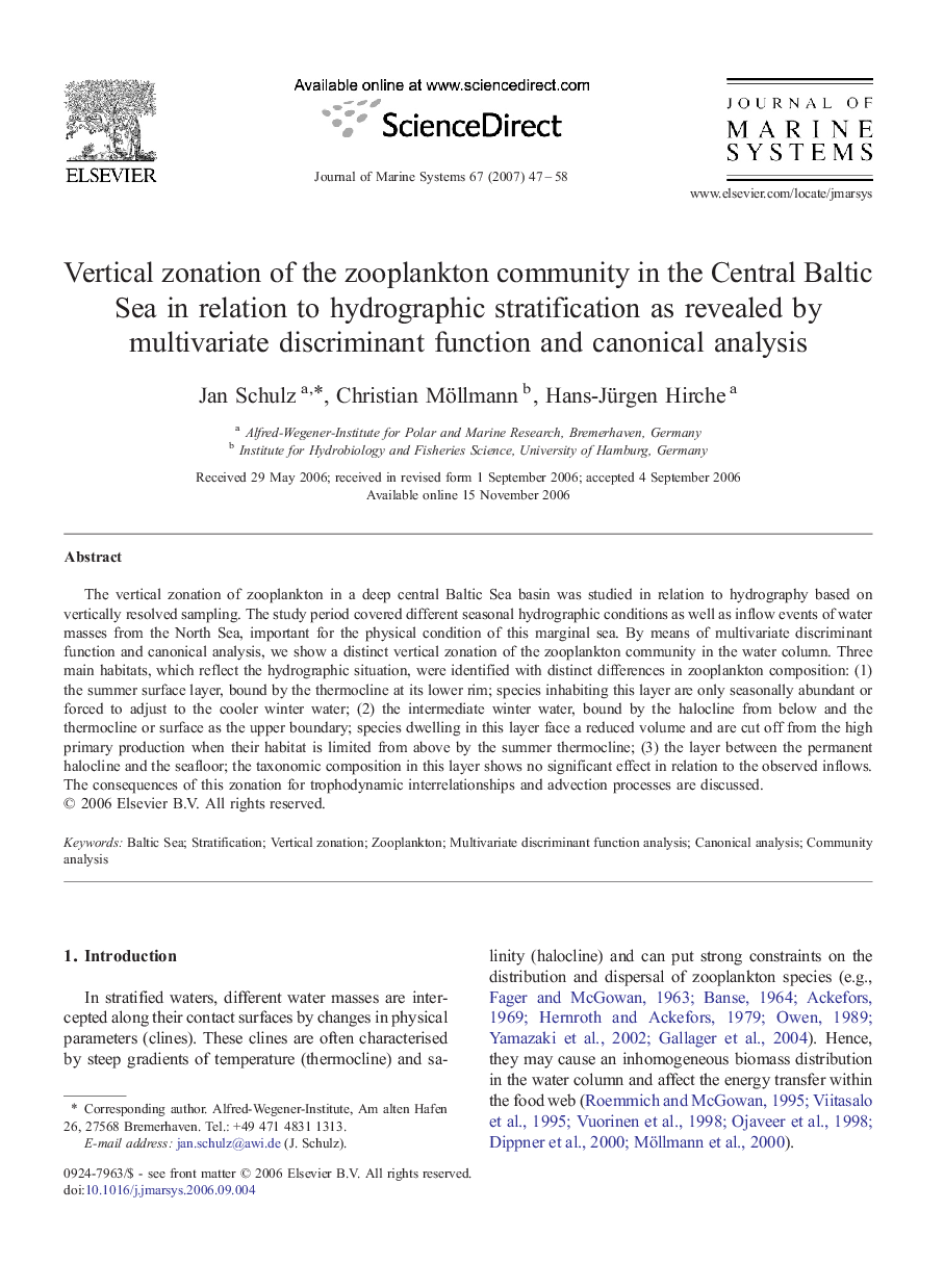 Vertical zonation of the zooplankton community in the Central Baltic Sea in relation to hydrographic stratification as revealed by multivariate discriminant function and canonical analysis