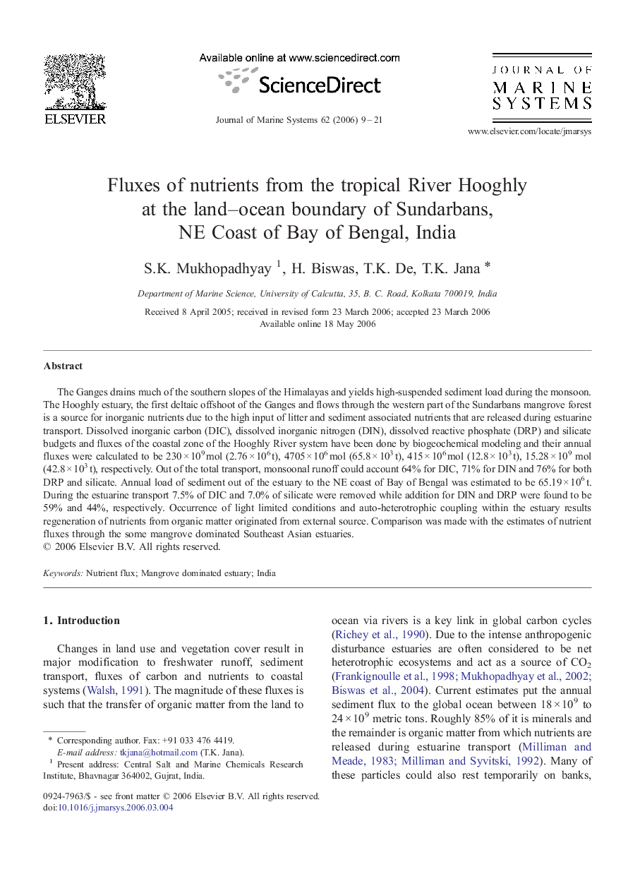 Fluxes of nutrients from the tropical River Hooghly at the land–ocean boundary of Sundarbans, NE Coast of Bay of Bengal, India