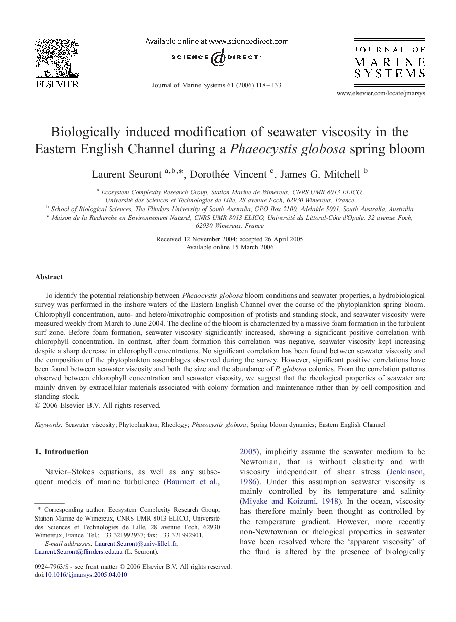 Biologically induced modification of seawater viscosity in the Eastern English Channel during a Phaeocystis globosa spring bloom