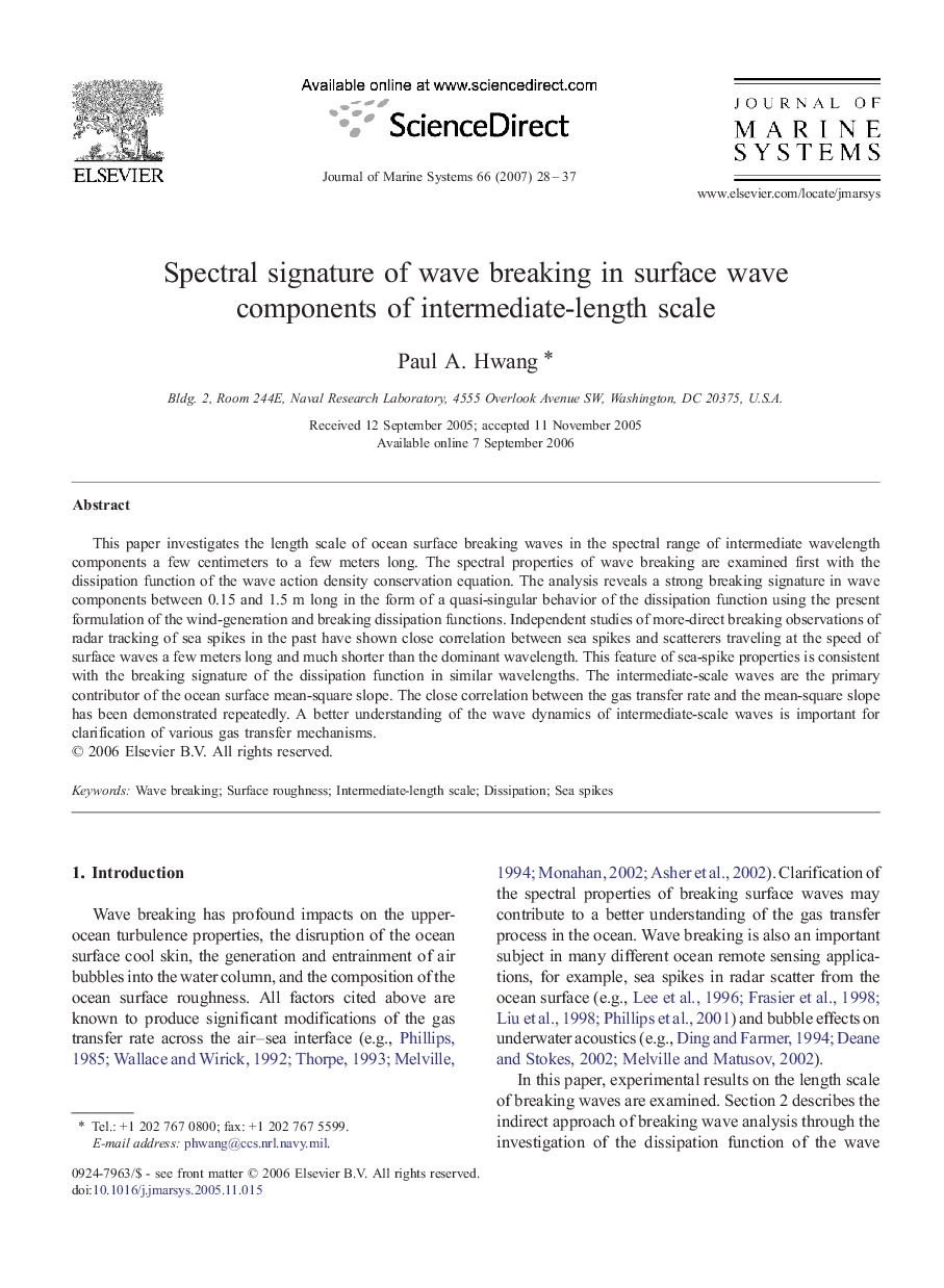 Spectral signature of wave breaking in surface wave components of intermediate-length scale