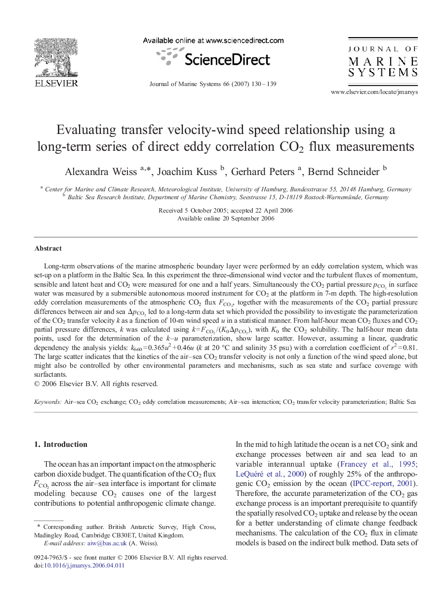 Evaluating transfer velocity-wind speed relationship using a long-term series of direct eddy correlation CO2 flux measurements