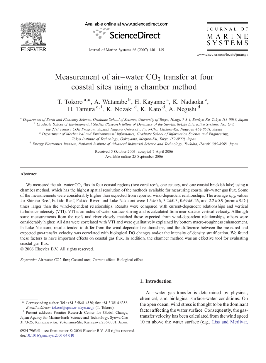 Measurement of air–water CO2 transfer at four coastal sites using a chamber method