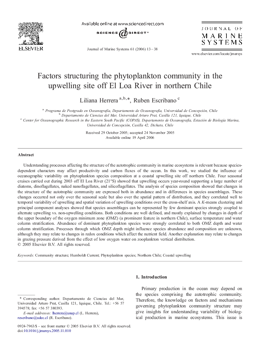 Factors structuring the phytoplankton community in the upwelling site off El Loa River in northern Chile