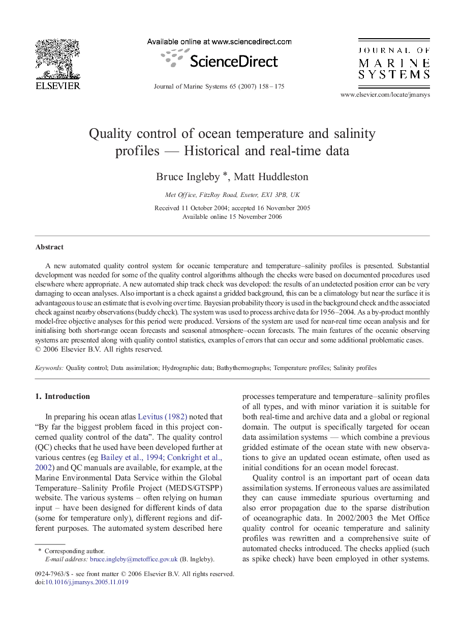 Quality control of ocean temperature and salinity profiles — Historical and real-time data