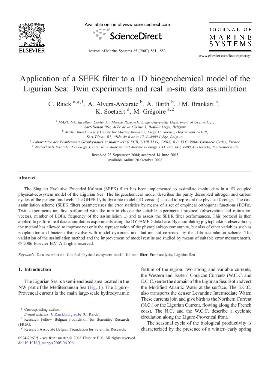 Application of a SEEK filter to a 1D biogeochemical model of the Ligurian Sea: Twin experiments and real in-situ data assimilation