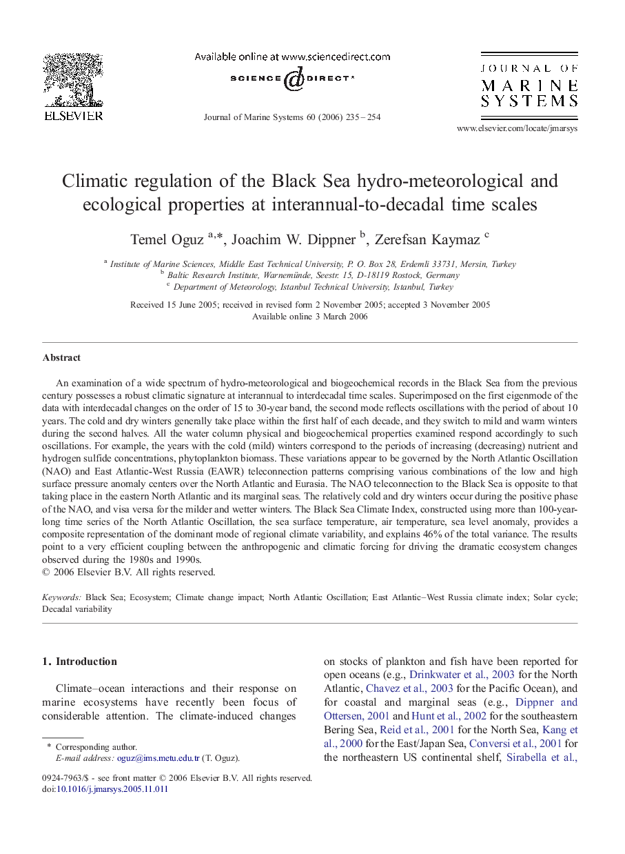 Climatic regulation of the Black Sea hydro-meteorological and ecological properties at interannual-to-decadal time scales