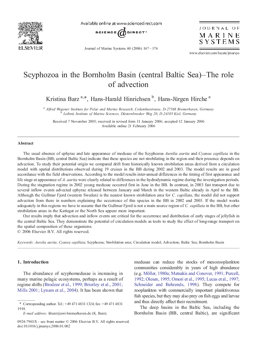 Scyphozoa in the Bornholm Basin (central Baltic Sea)-The role of advection