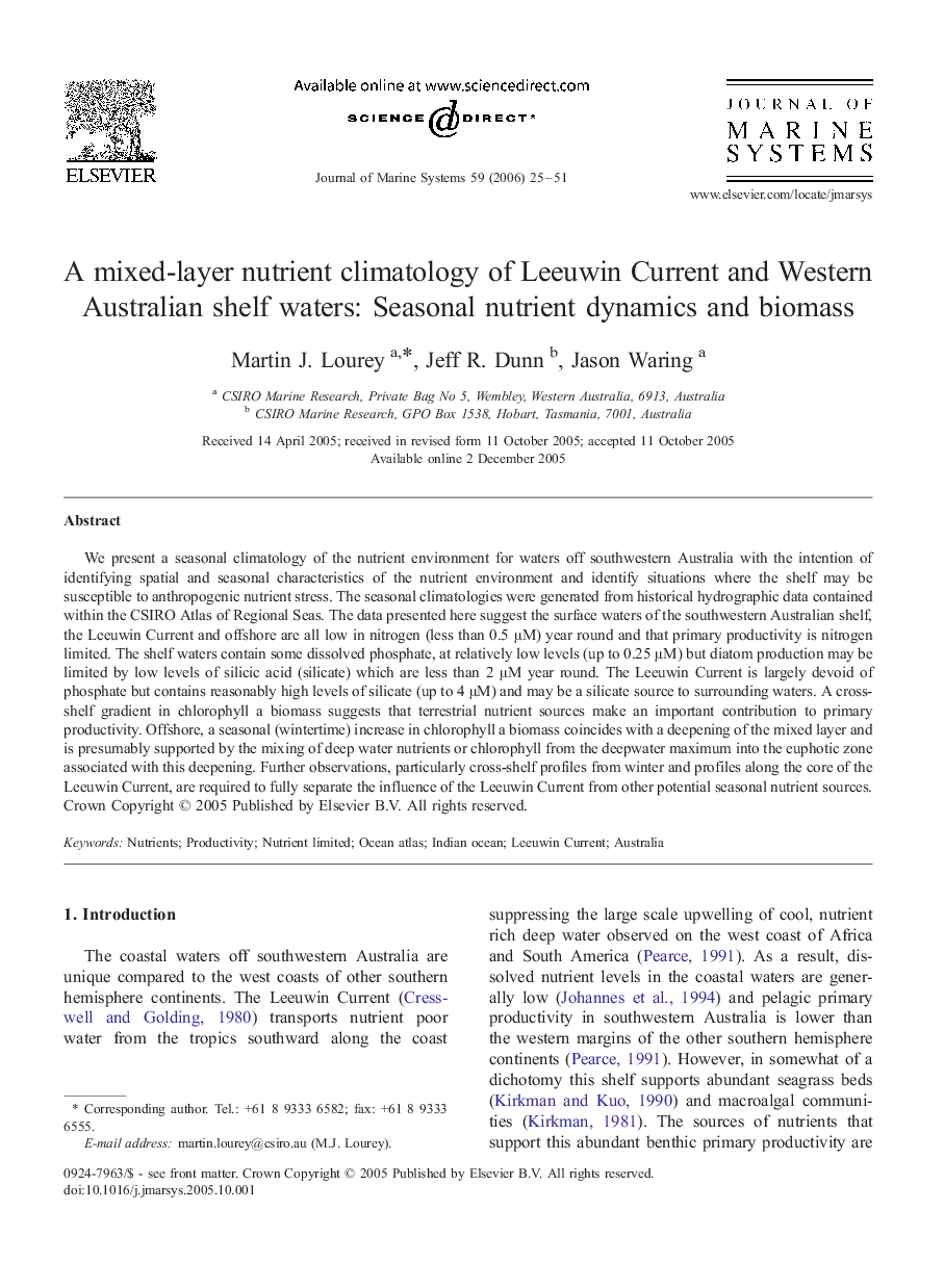 A mixed-layer nutrient climatology of Leeuwin Current and Western Australian shelf waters: Seasonal nutrient dynamics and biomass